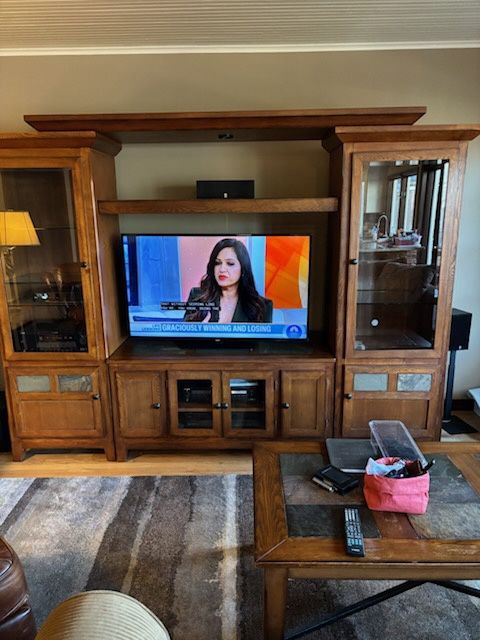 Solid Oak Entertainment Wall Unit with Slate Accents – 3 Piece Set - FREE DELIVERY