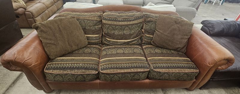 Leather &amp; Tapestry Style Sofa with Nailhead Trim - FREE DELIVERY