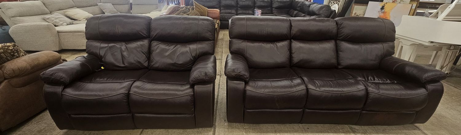 Power Reclining Dark Brown Leather Sofa &amp; Loveseat Set - FREE DELIVERY