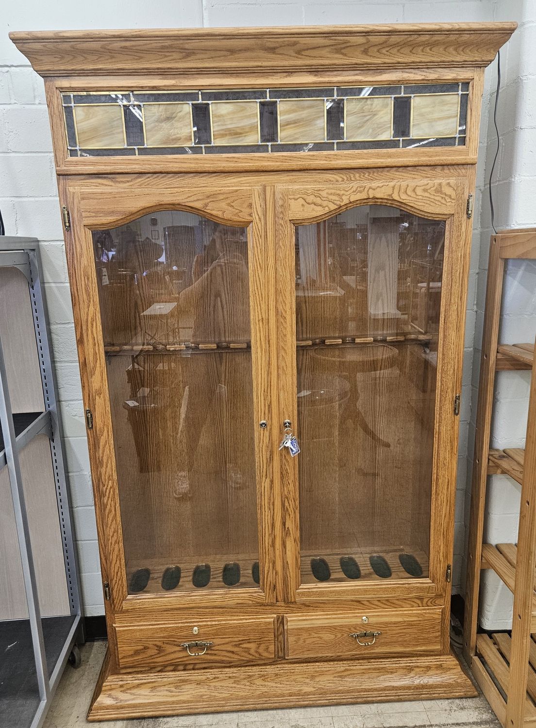 Solid Oak Gun Cabinet with Glass Doors &amp; Storage Drawers - FREE DELIVERY