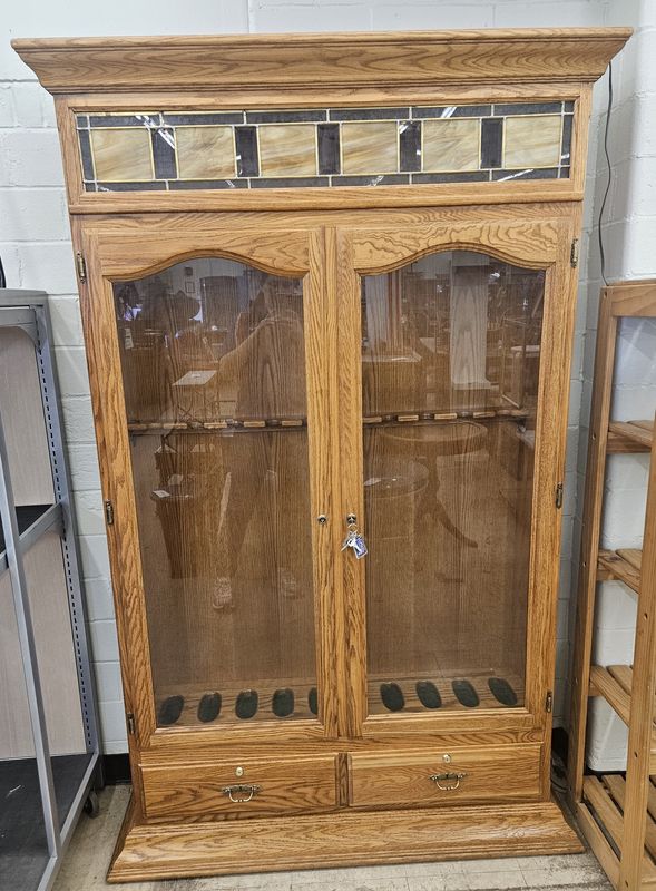 Solid Oak Gun Cabinet with Glass Doors &amp; Storage Drawers - FREE DELIVERY