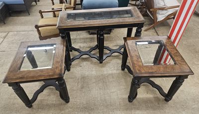 3-Piece Wood & Glass Coffee Table Set (Coffee Table + 2 End Tables) - FREE DELIVERY