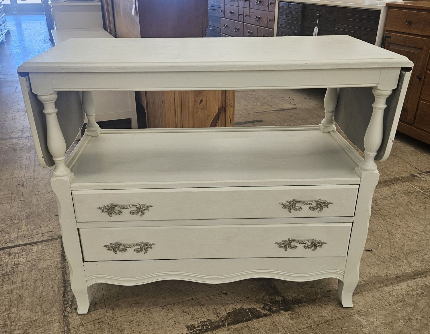 Vintage White Drop-Leaf Sofa Table with Storage Drawers