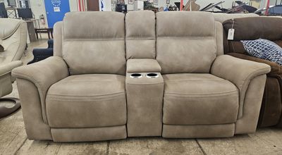 Modern Taupe Power Reclining Loveseat w/ Console & USB - FREE DELIVERY