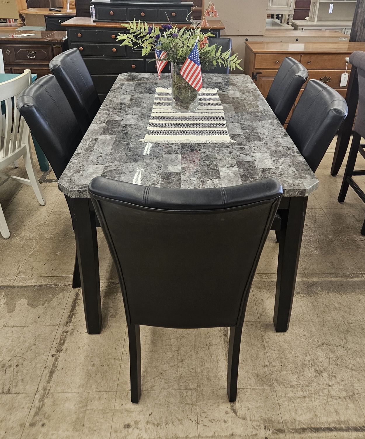 6-Piece Marble-Look Dining Set w/ Black Chairs - FREE DELIVERY