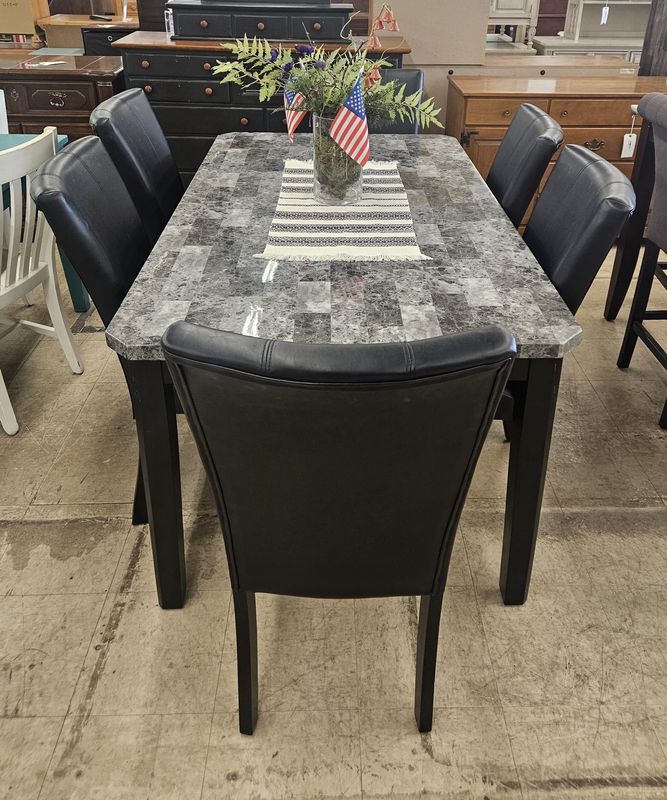 6-Piece Marble-Look Dining Set w/ Black Chairs - FREE DELIVERY