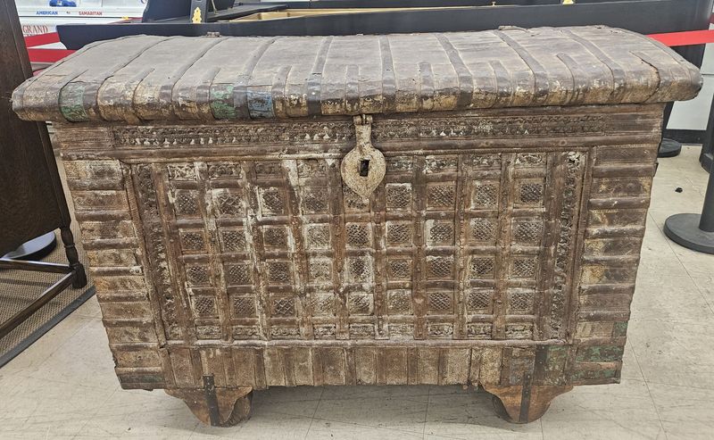 Antique Hand-Carved Indian Dowry Trunk on Original Wood Wheels