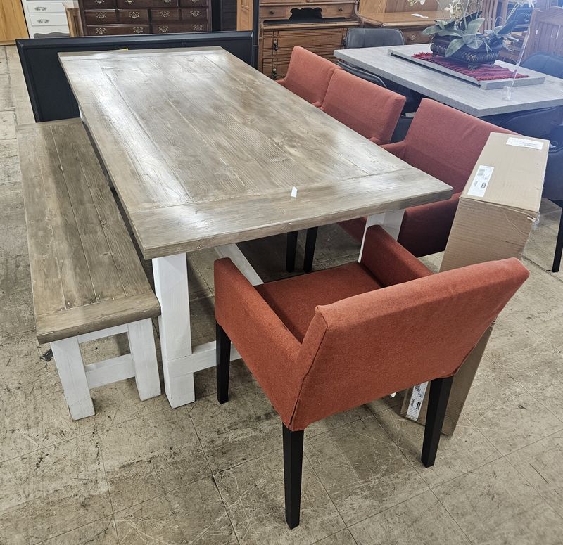 Handmade Farmhouse Dining Set (Table + Bench + 5 Chairs) - FREE DELIVERY