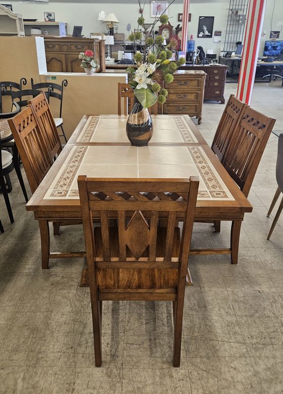 Tile-Top Dining Table + Leaf + 6 Chairs (Expandable Set) - FREE DELIVERY