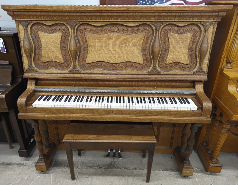 Ludwig Grand Carved Oak Upright Piano (c.1905 Antique Full-Size)