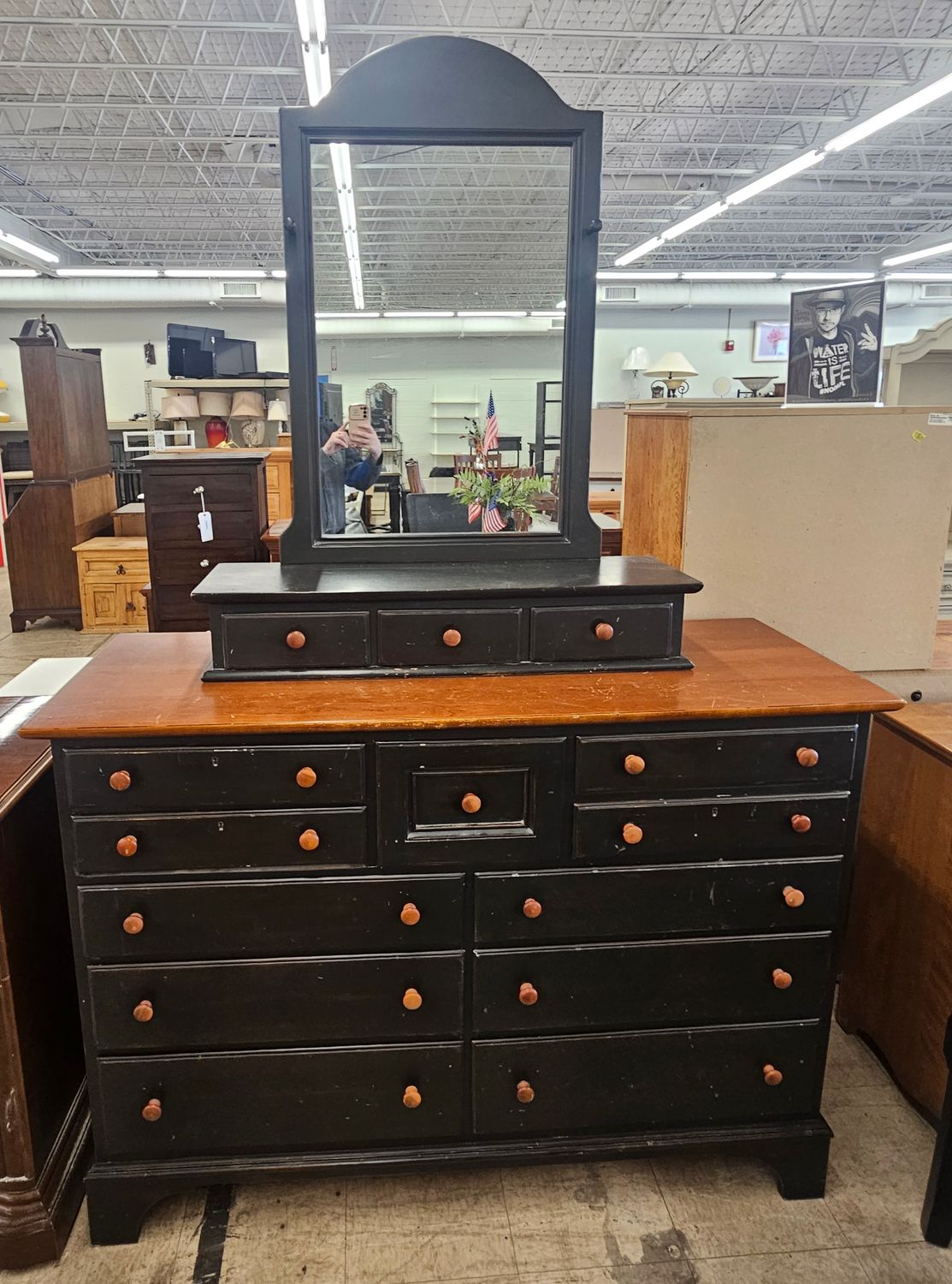 Lexington Black &amp; Cherry Dresser with Mirror (Solid Wood) - FREE DELIVERY