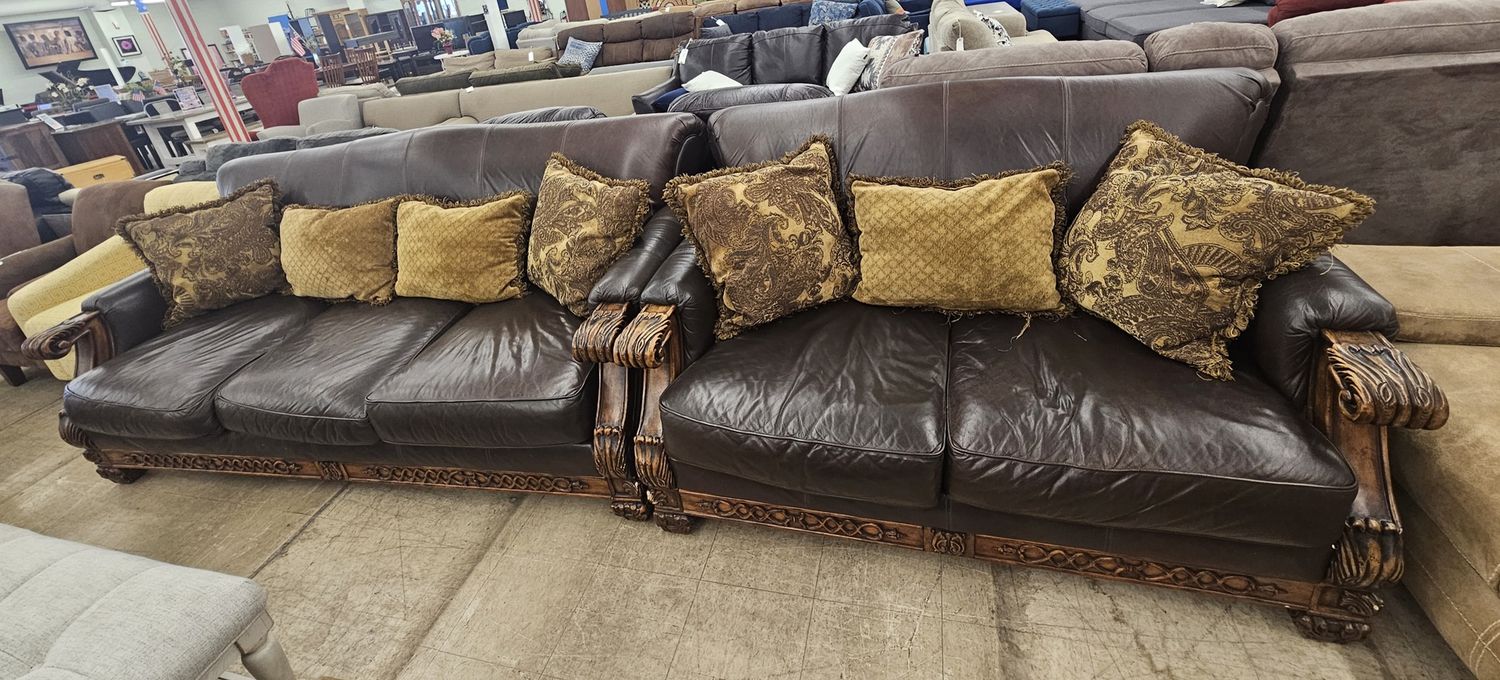 Carved Wood &amp; Leather Sofa Set (Sofa + Loveseat) - FREE DELIVERY