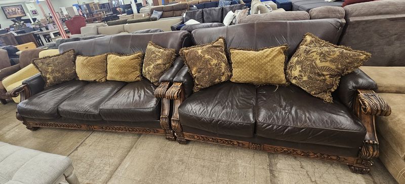 Carved Wood &amp; Leather Sofa Set (Sofa + Loveseat) - FREE DELIVERY