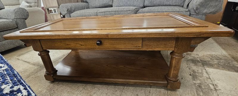 Solid Oak Coffee Table with Storage Drawer &amp; Shelf