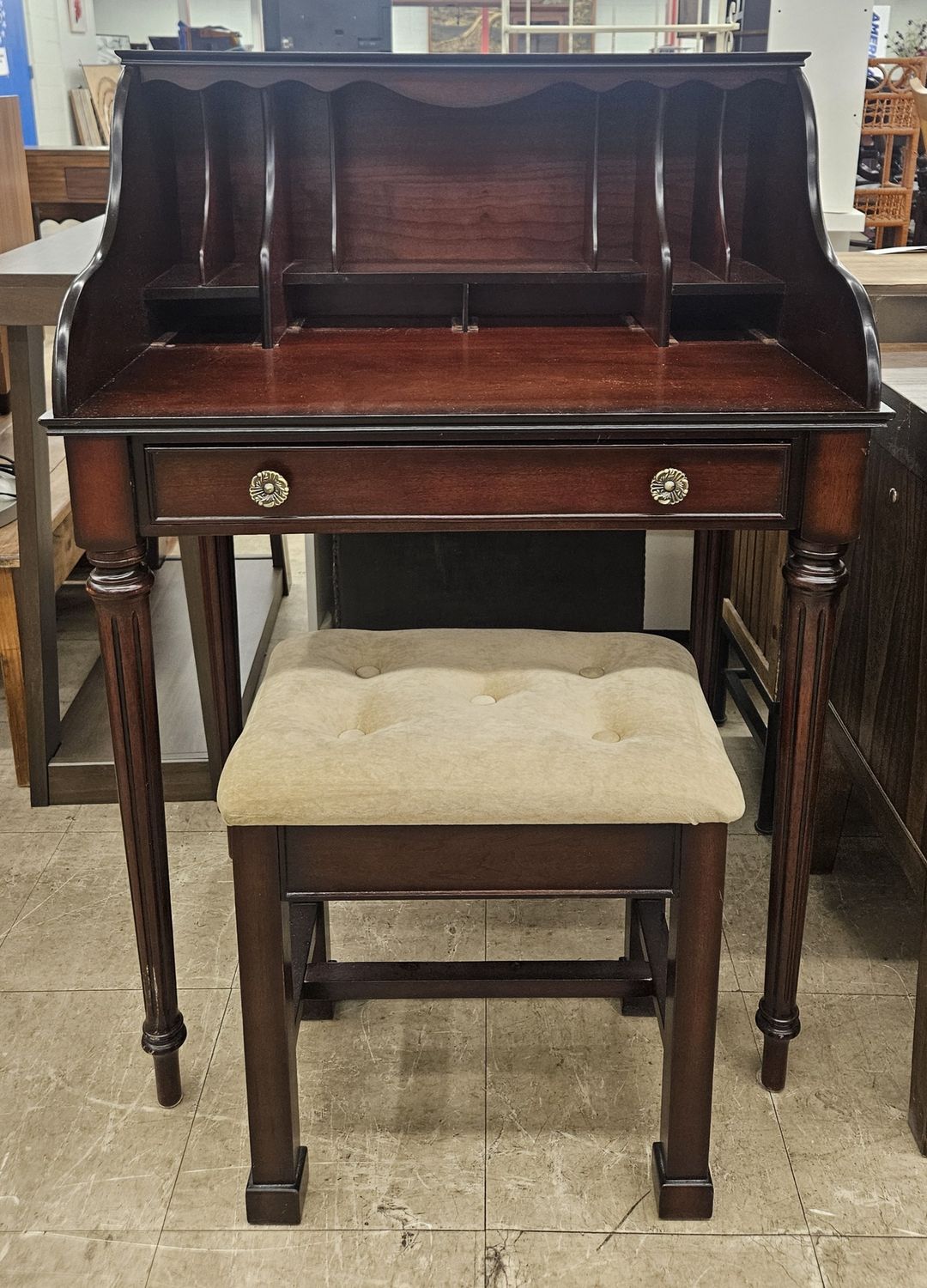 Traditional Mahogany Secretary Desk with Hutch &amp; Bench
