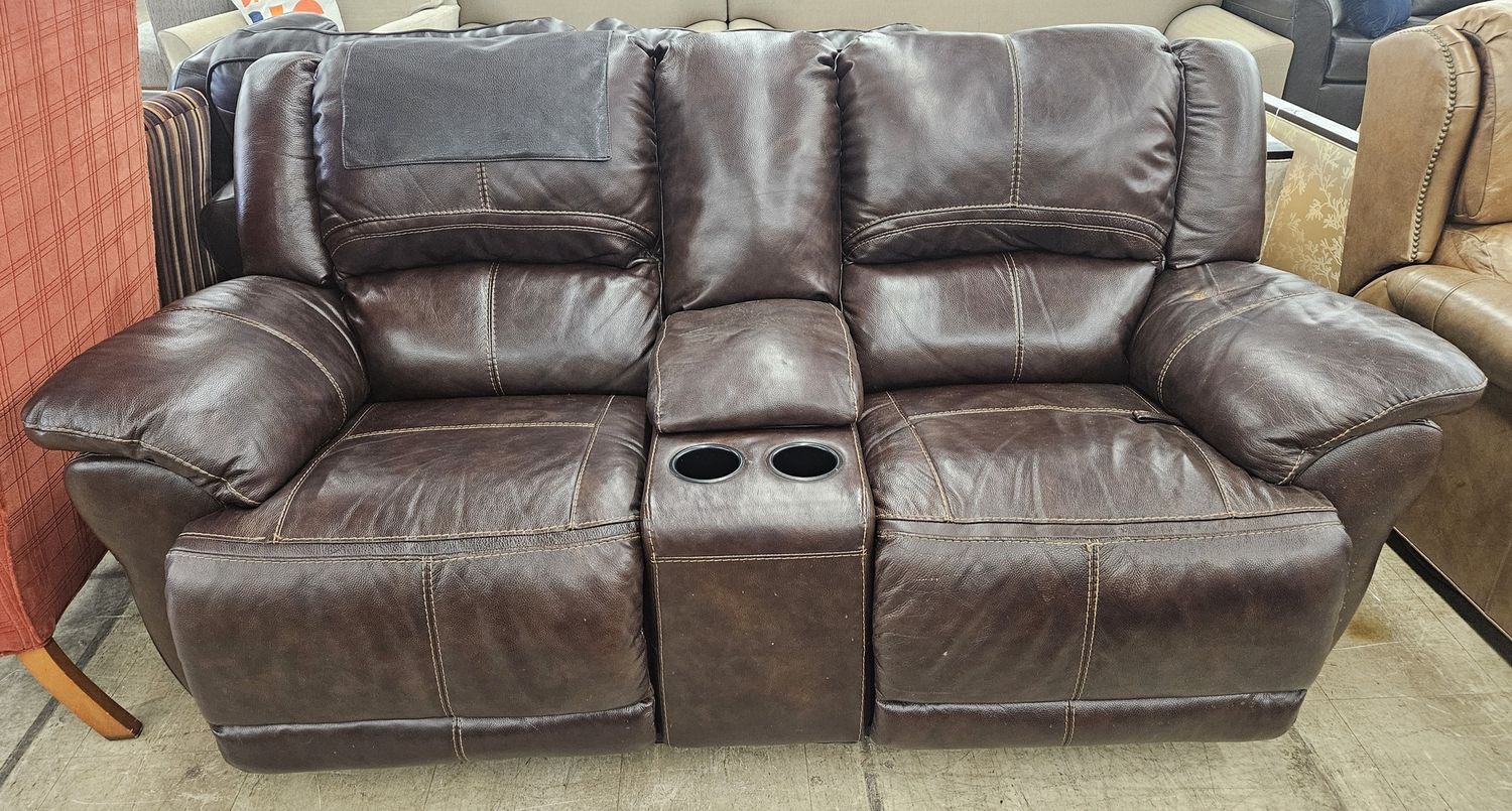Power Reclining Leather Loveseat w/ Console – Dark Brown - FREE DELIVERY