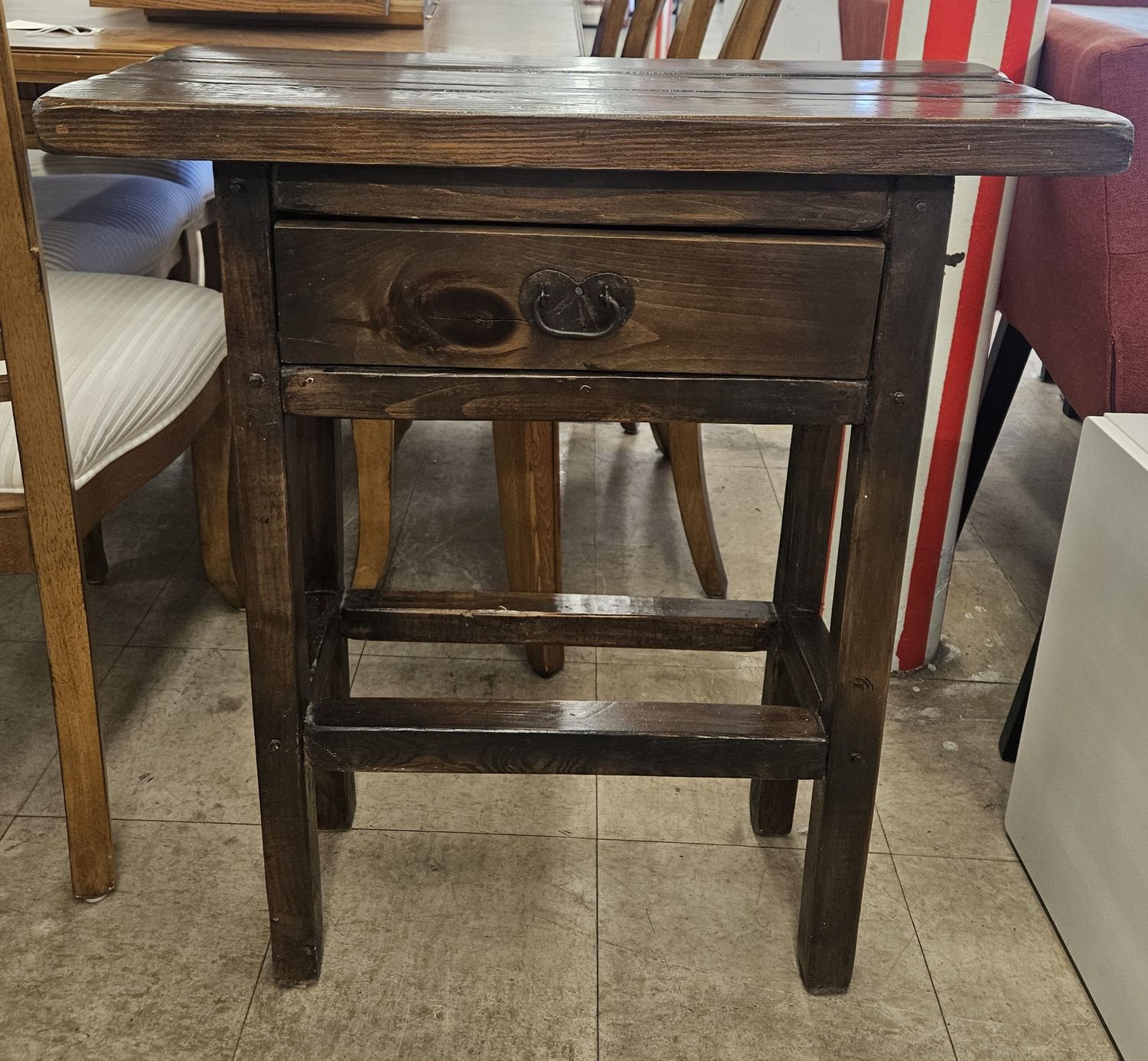 Rustic Solid Wood Side Table w/ Drawer &amp; Slatted Top