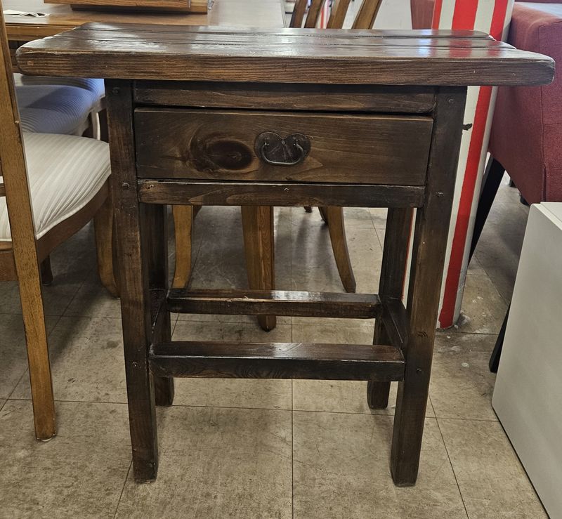 Rustic Solid Wood Side Table w/ Drawer &amp; Slatted Top
