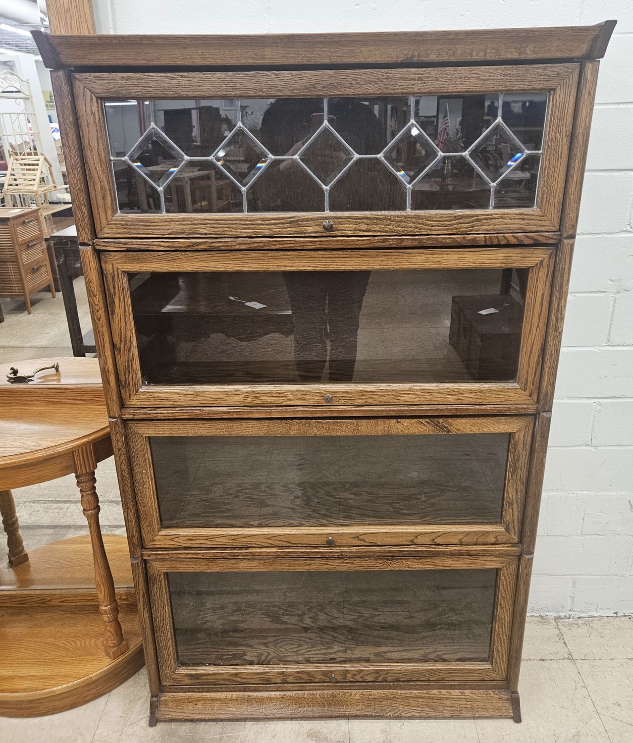 Solid Oak Barrister Bookcase with Leaded Glass Top - FREE DELIVERY