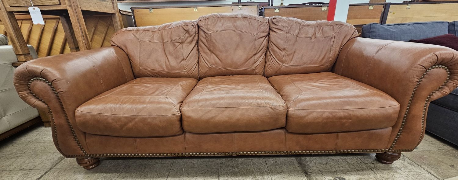 Top Grain Leather Roll Arm Sofa - FREE DELIVERY