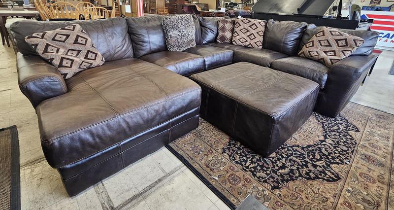 Large Brown Leather Sectional with Ottoman - FREE DELIVERY