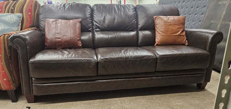 Dark Brown Leather Sofa – Roll Arm - FREE DELIVERY