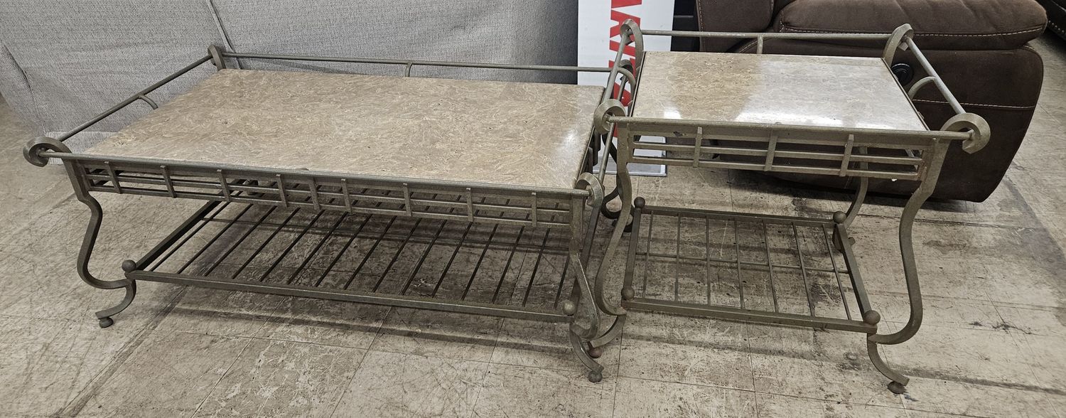 2-Piece Metal &amp; Stone Top Table Set (Coffee Table + End Table)