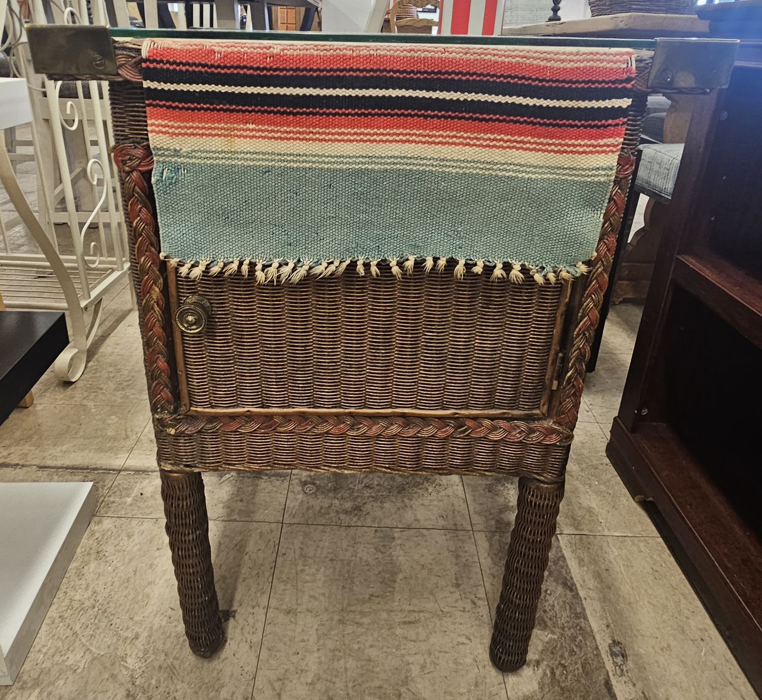 Vintage Wicker End Table with Glass Top