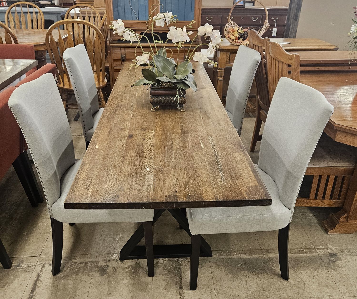 Rustic Farmhouse Dining Table Set with Upholstered Chairs - FREE DELIVERY