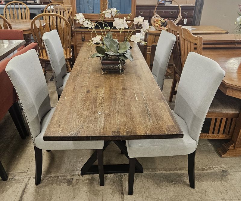 Rustic Farmhouse Dining Table Set with Upholstered Chairs - FREE DELIVERY