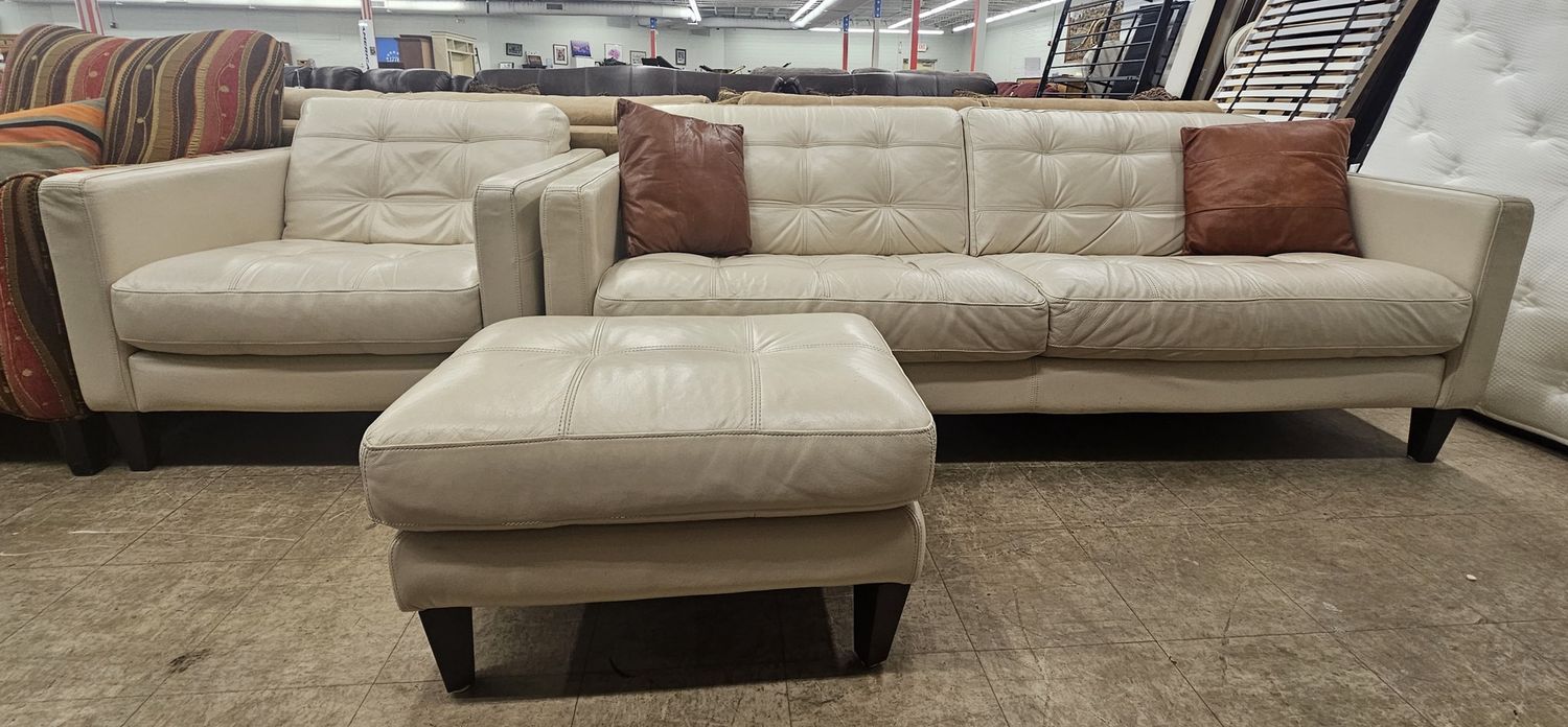 Cream Leather Sofa Set with Ottoman - FREE DELIVERY