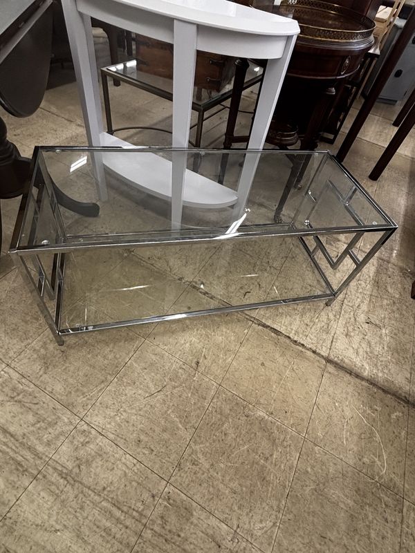Modern Glass Coffee Table with Chrome Geometric Base