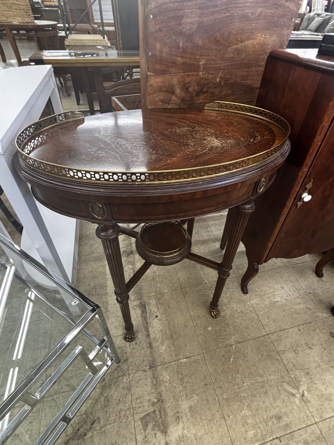 Traditional Half-Moon Accent Table with Brass Gallery Rail