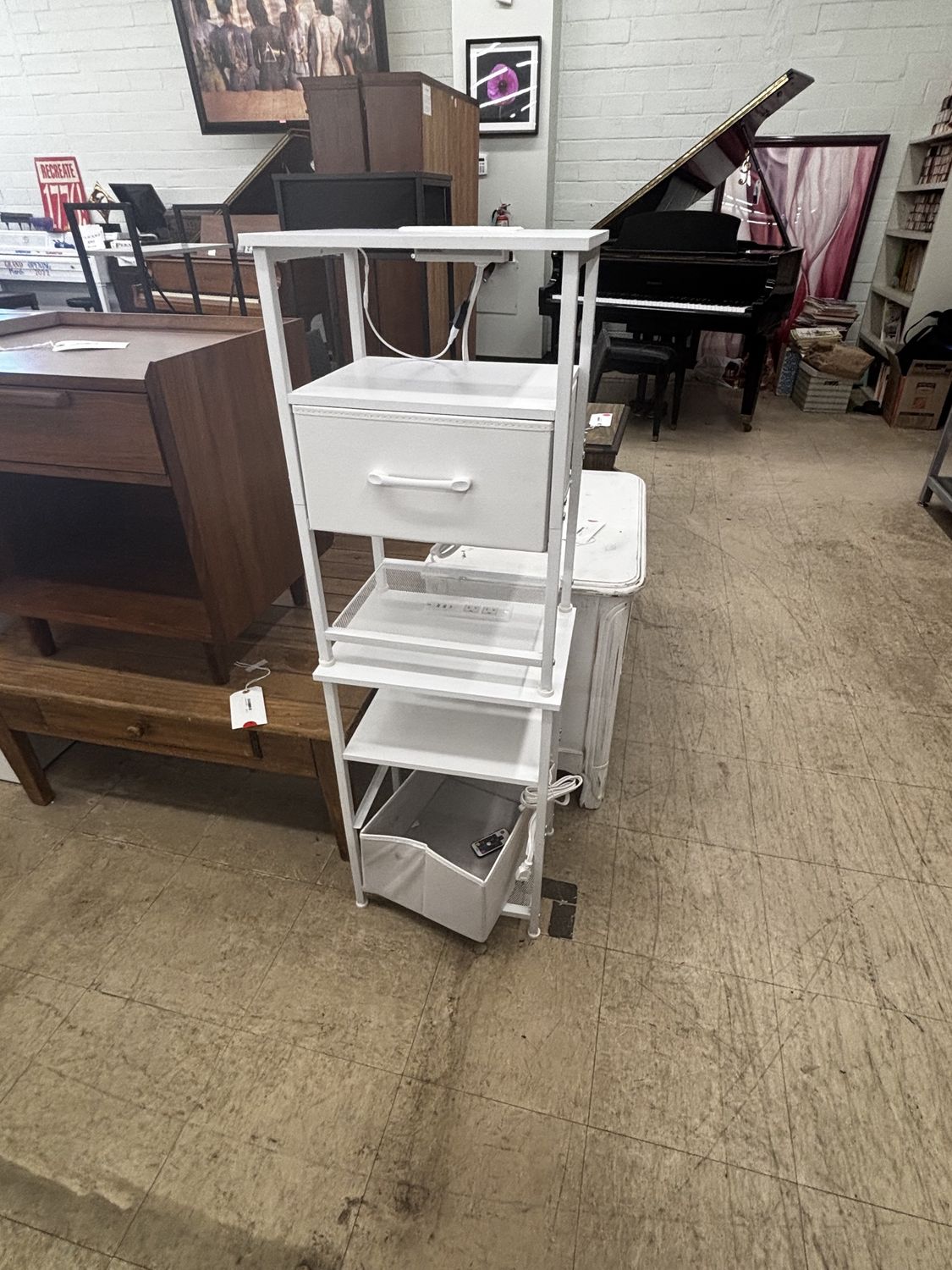 White Rolling Storage Tower with Drawer &amp; Fabric Bin