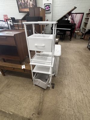 White Rolling Storage Tower with Drawer & Fabric Bin
