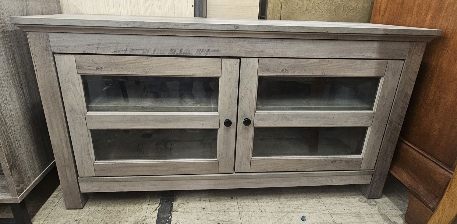 Rustic Gray Farmhouse TV Stand with Glass Doors - FREE DELIVERY