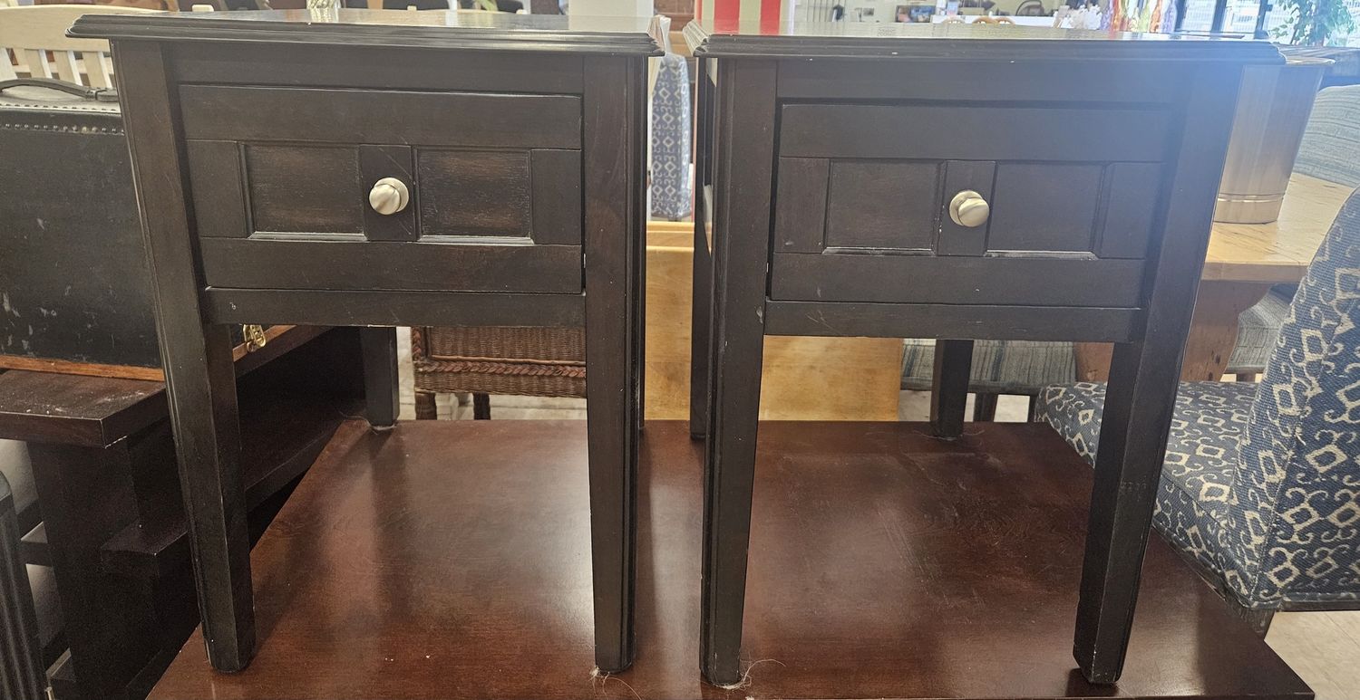 Pair of Black Wood End Tables with Storage Drawers