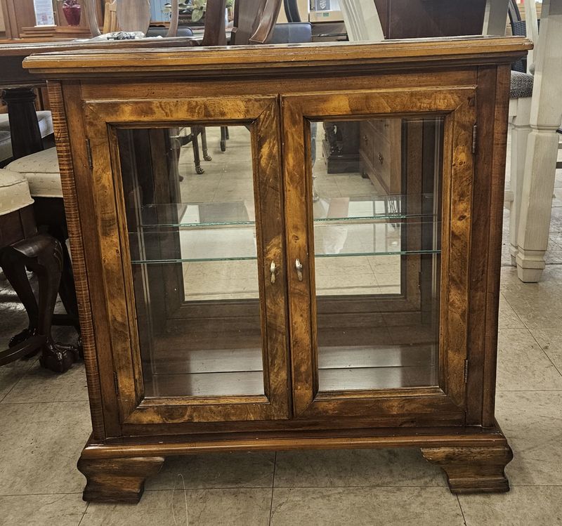 Traditional Glass Display Cabinet with Burl Wood Accents