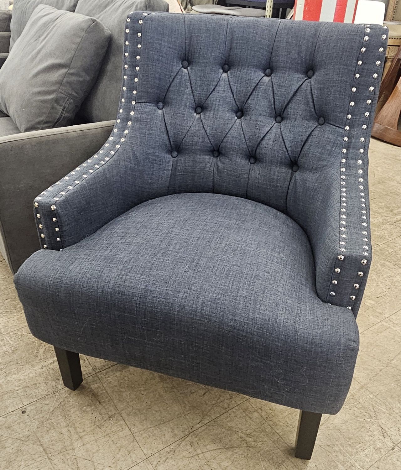 Tufted Navy Blue Accent Chair with Nailhead Trim