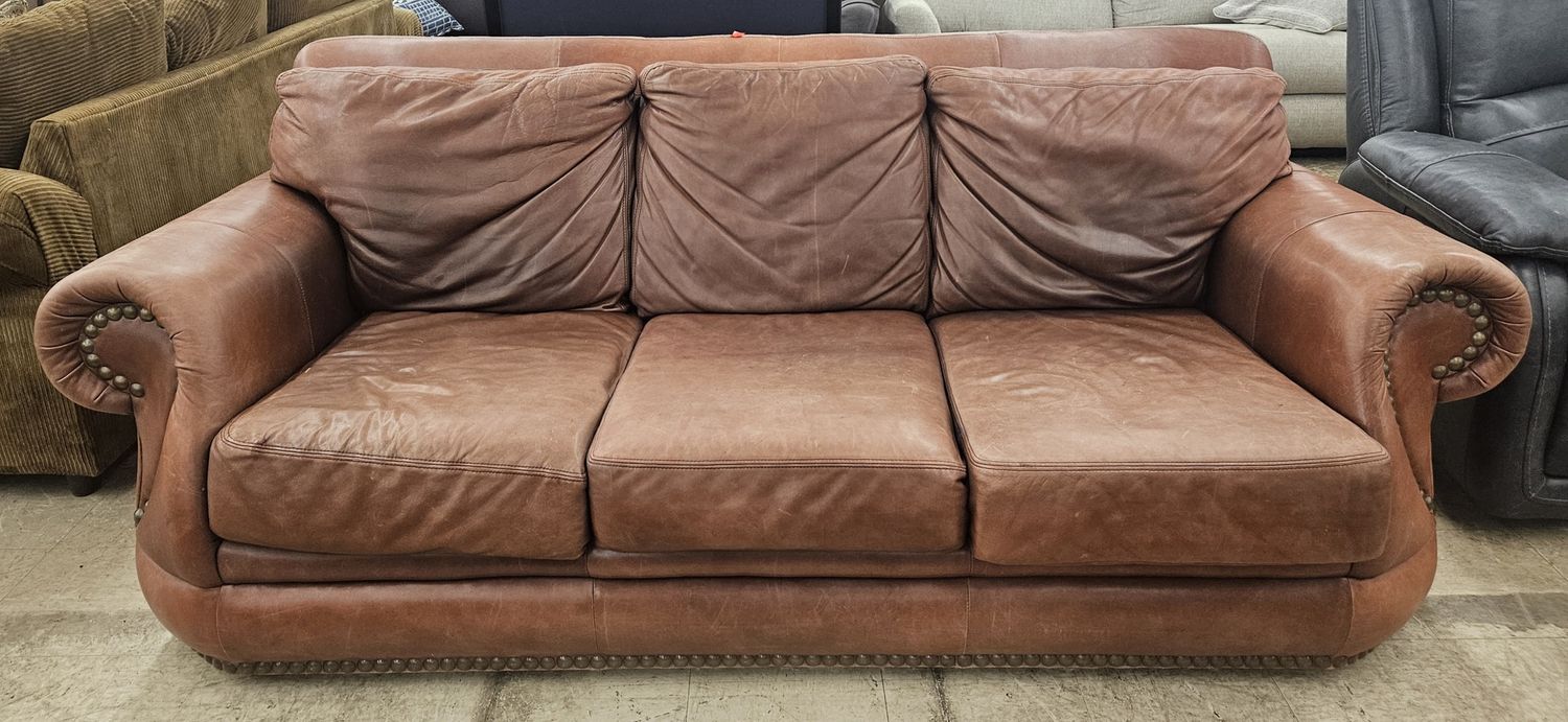 Red Leather Nailhead Trim Couch