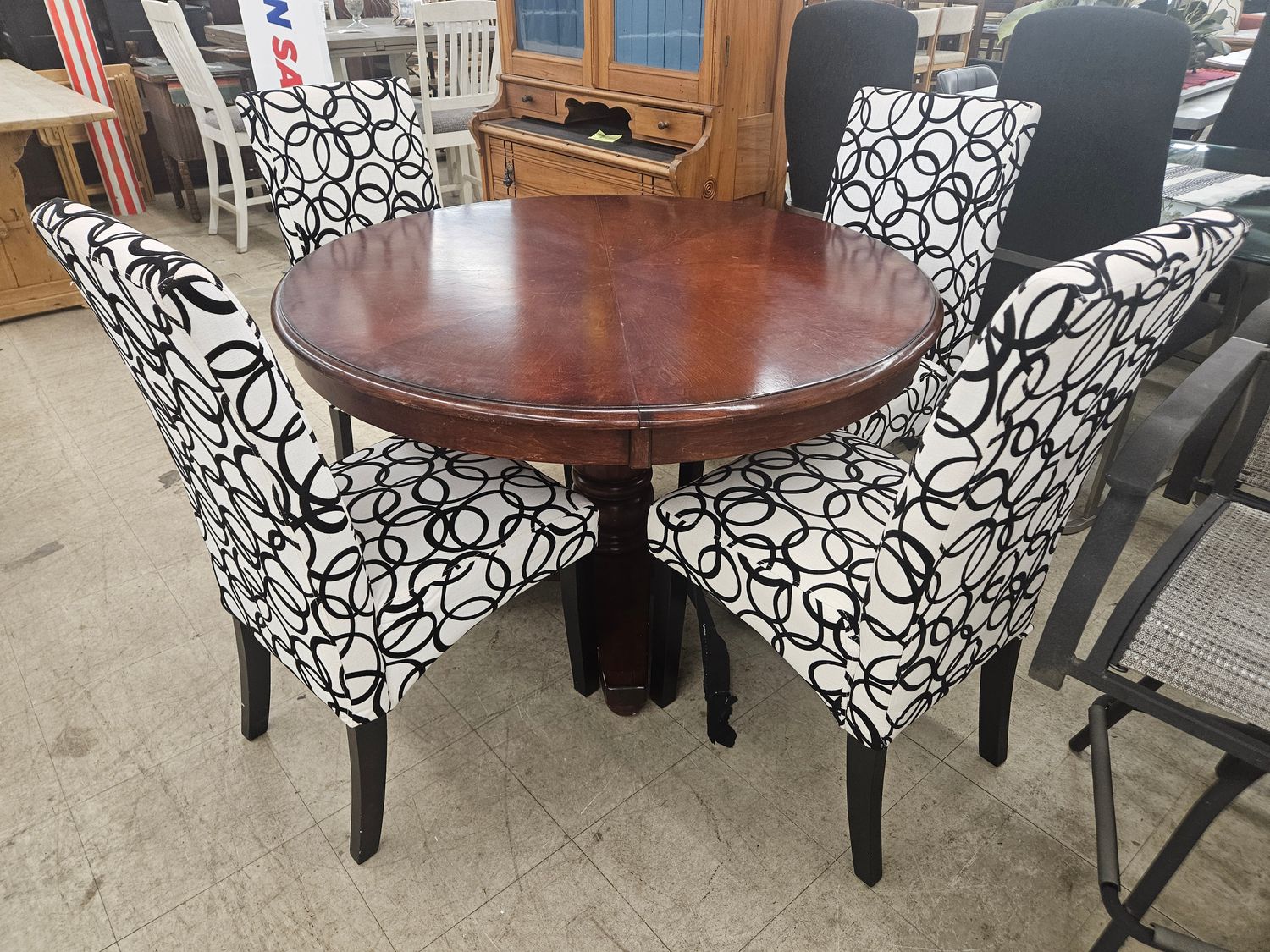 Round Pedestal Dining Set with Upholstered Chairs - FREE DELIVERY