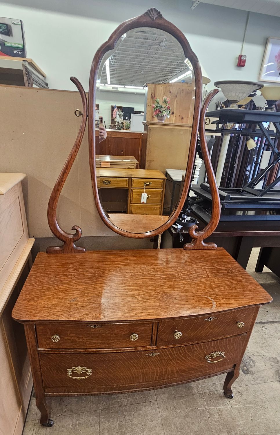 Antique Oak Vanity Dresser with Swivel Mirror
