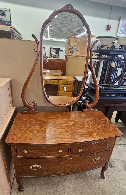 Antique Oak Vanity Dresser with Swivel Mirror