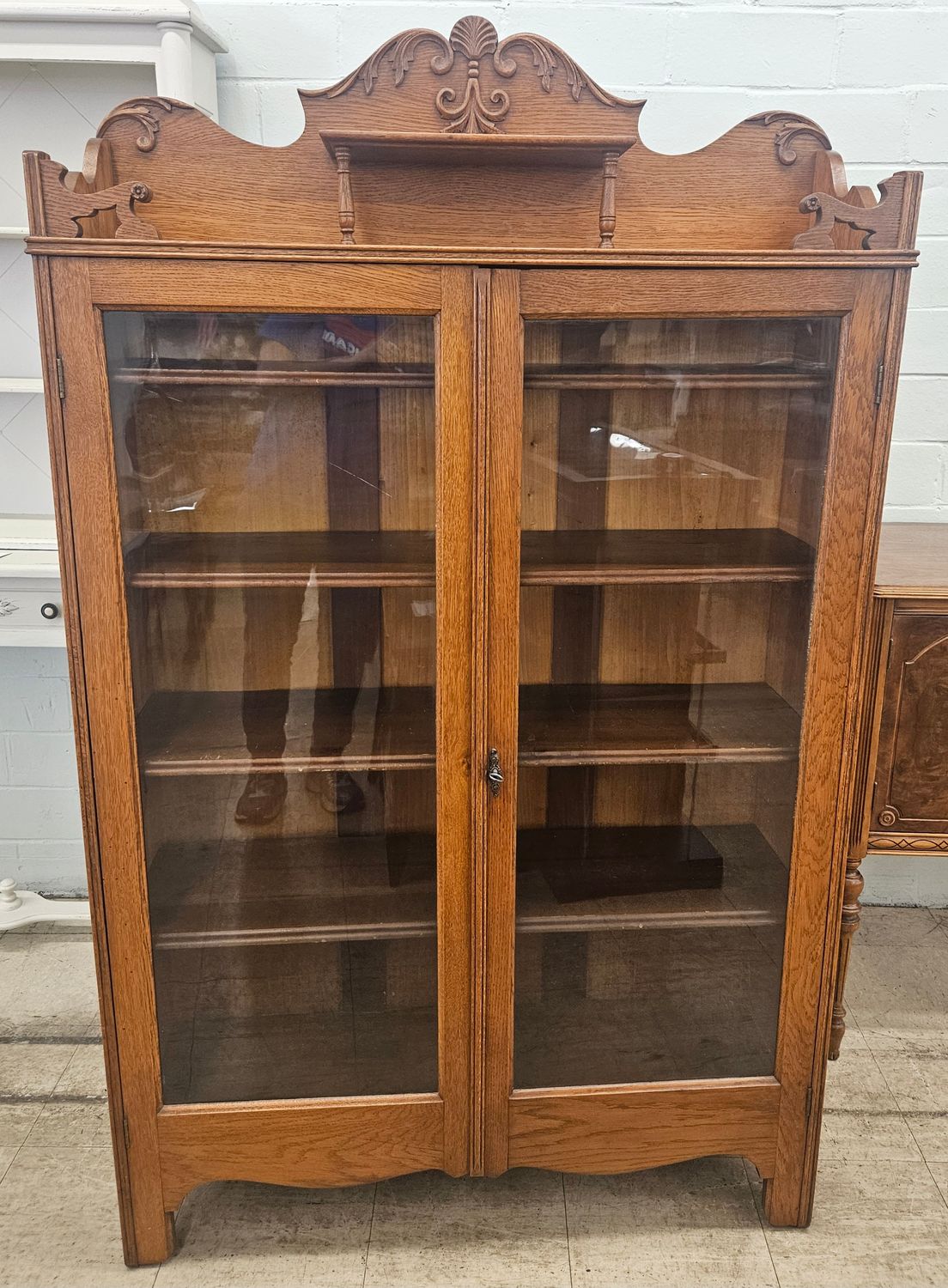 Antique Oak Glass Door Display Cabinet