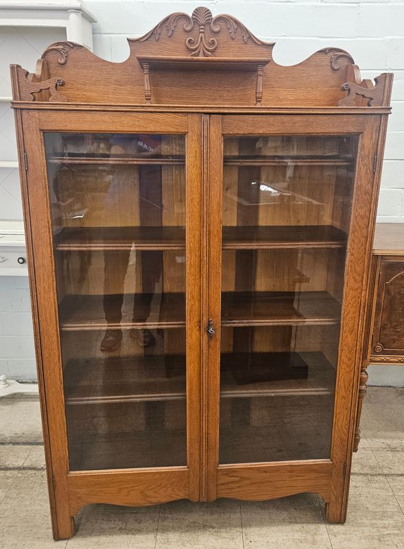 Antique Oak Glass Door Display Cabinet