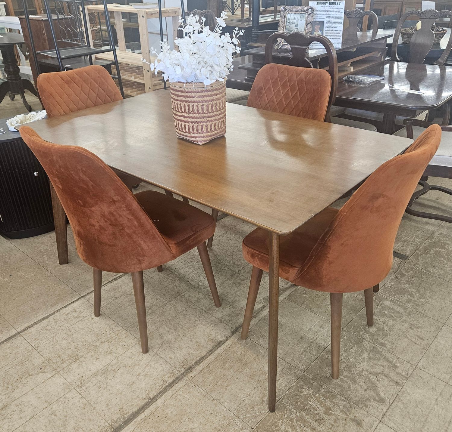 Mid-Century Dining Table with 4 Rust Upholstered Chairs - FREE DELIVERY