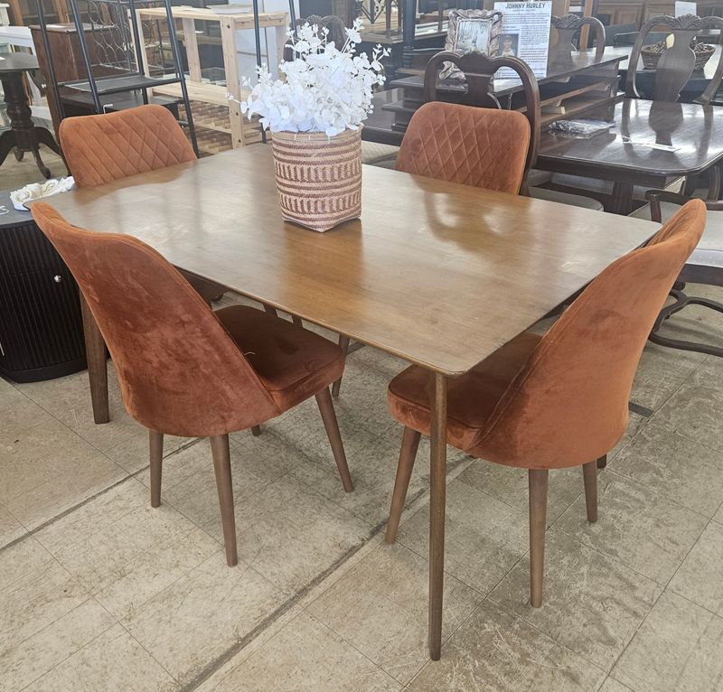 Mid-Century Dining Table with 4 Rust Upholstered Chairs - FREE DELIVERY
