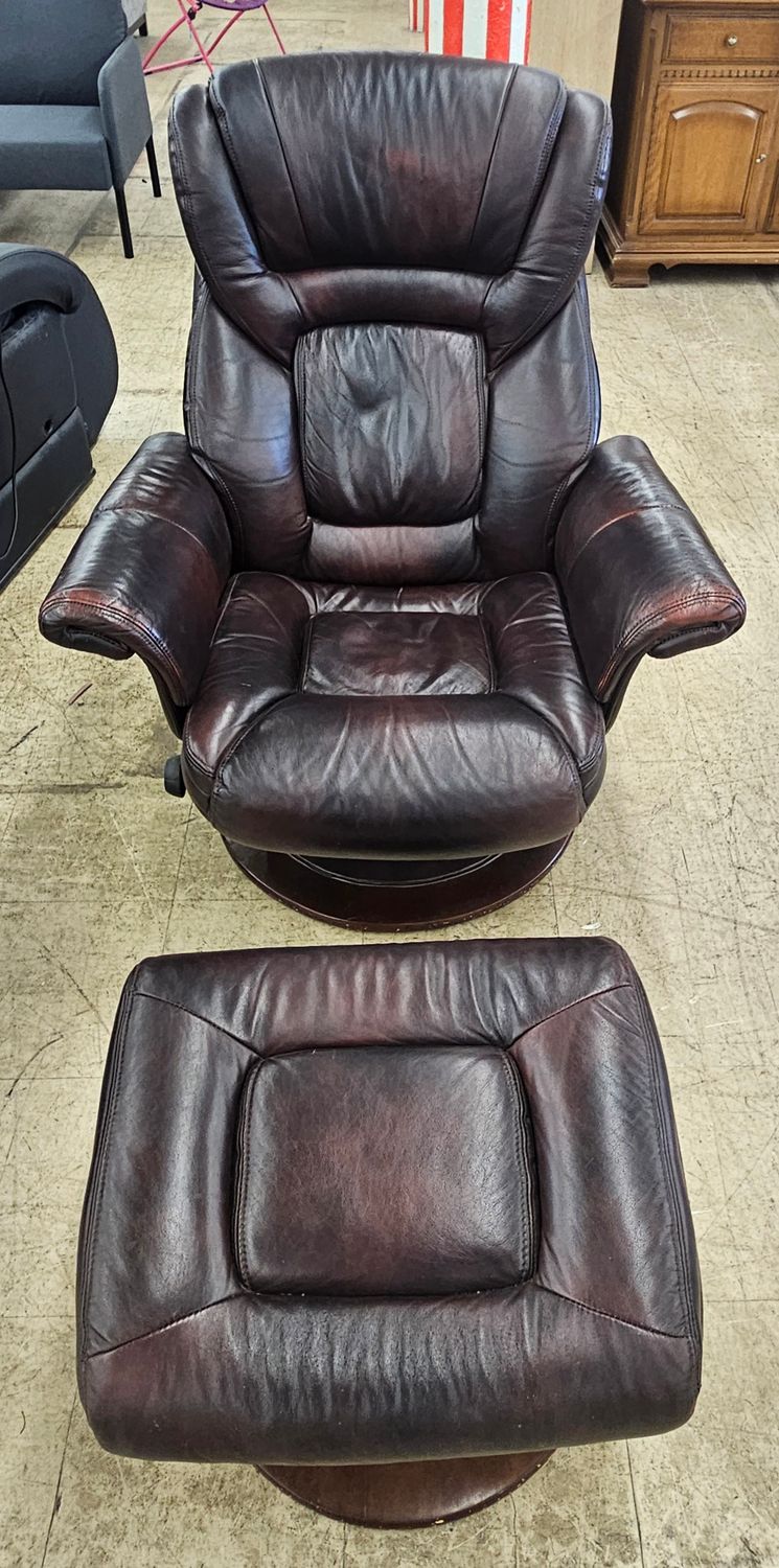 Brown Leather Swivel Recliner with Ottoman