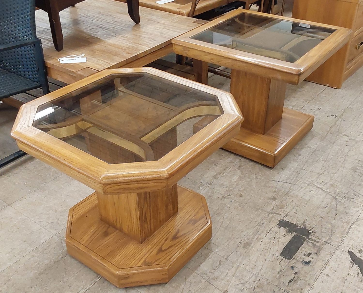 Oak &amp; Glass Pedestal Side Table Set