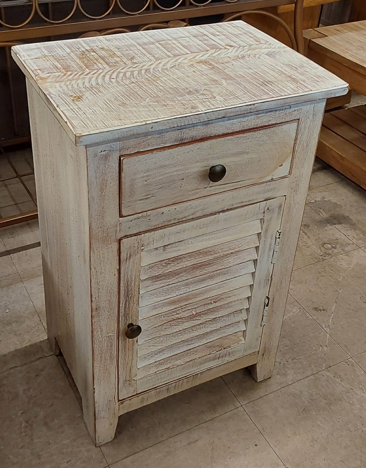 Distressed Hardwood Side Table with Cabinet